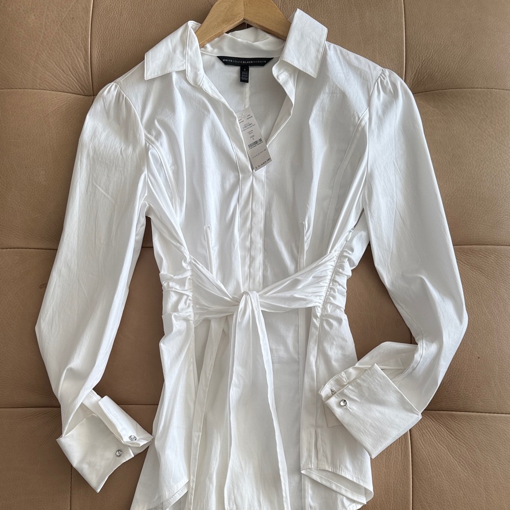 White Collared Long Sleeve Blouse …  tie and cinching waste